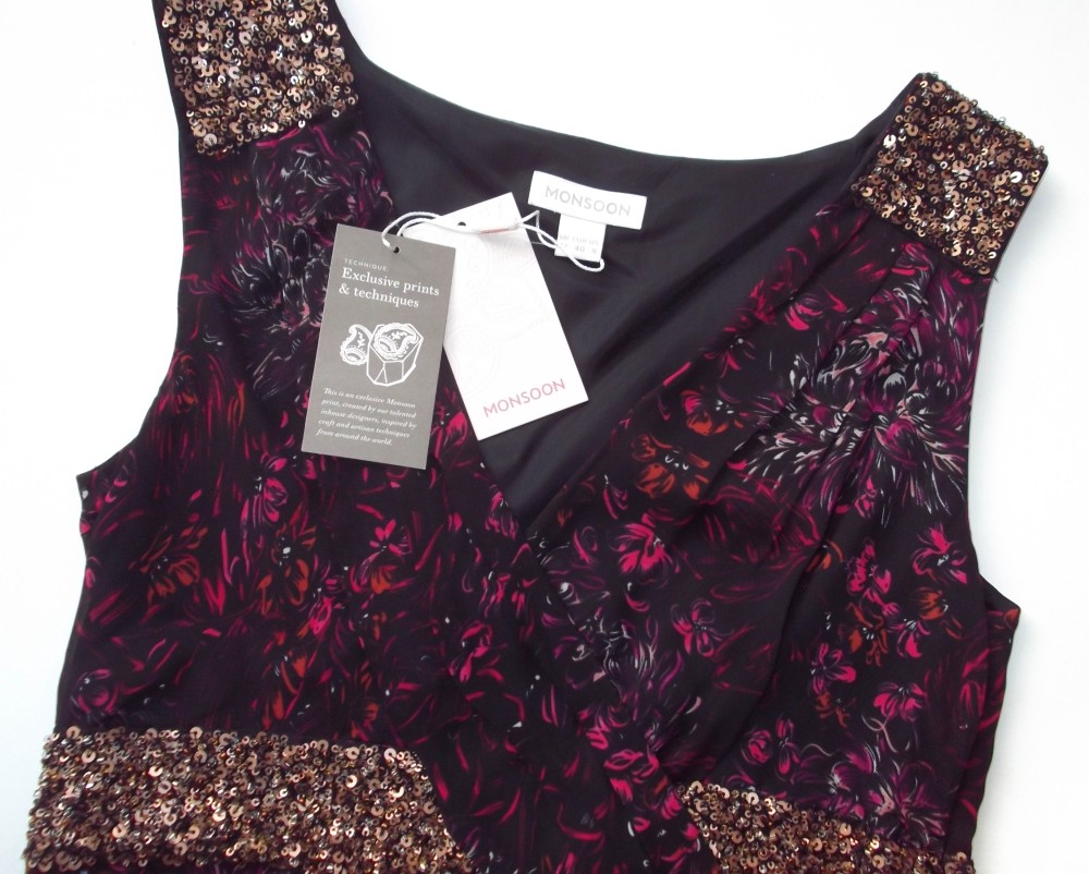 BNWT MONSOON Black/Pink/Floral Wrap Style Floaty Dress Hand Beaded UK Size 12