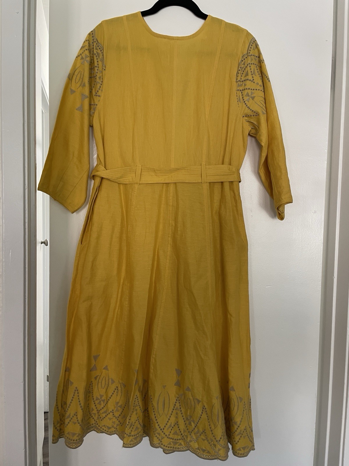 White Stuff Yellow Dress Embroidered Hem With Pockets And Belt Size 8