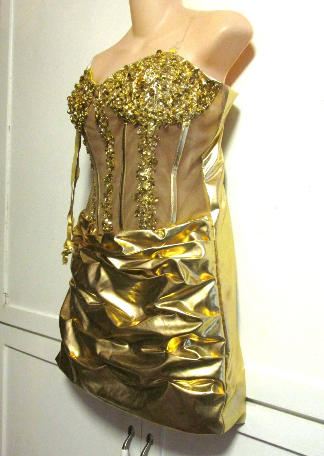 Showgirl Jeweled Tiara & Gold Beaded Mesh Corset Rhinestone Bodice Mini Dress- L