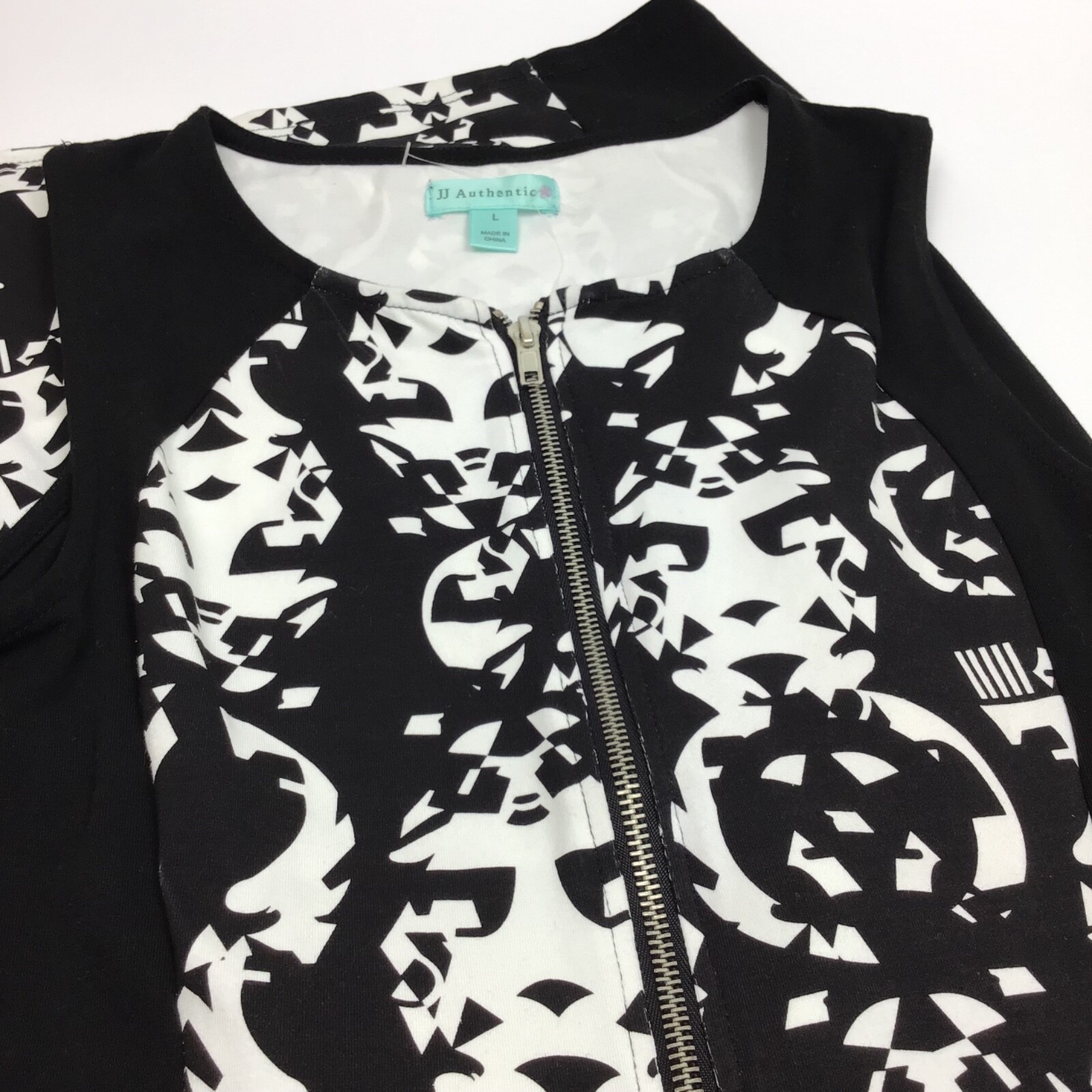 JJ Authentic / Black Tribal Print Bodycon Cocktail Front Zip Mini Dress / Size L