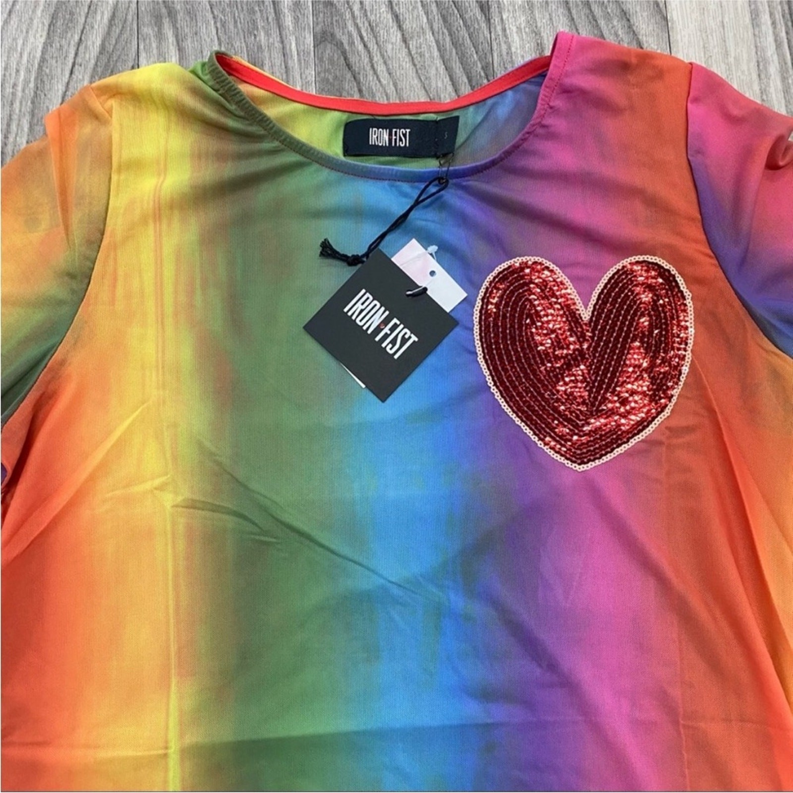 NEW! Iron Fist Somewhere Rainbow Sheer Mesh Mini Dress Sequin Heart LARGE Pride