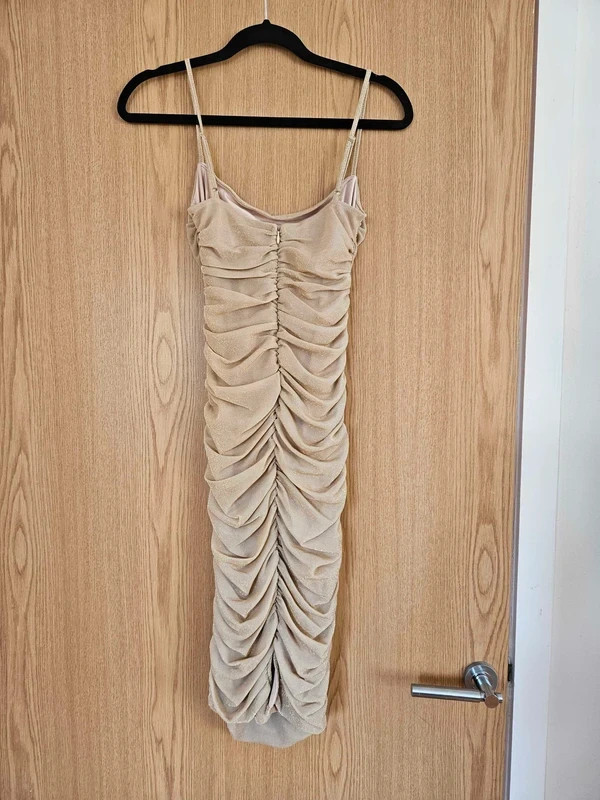Oh Polly Twilight Shimmer Straight Neck Ruched Midi Dress in Gold