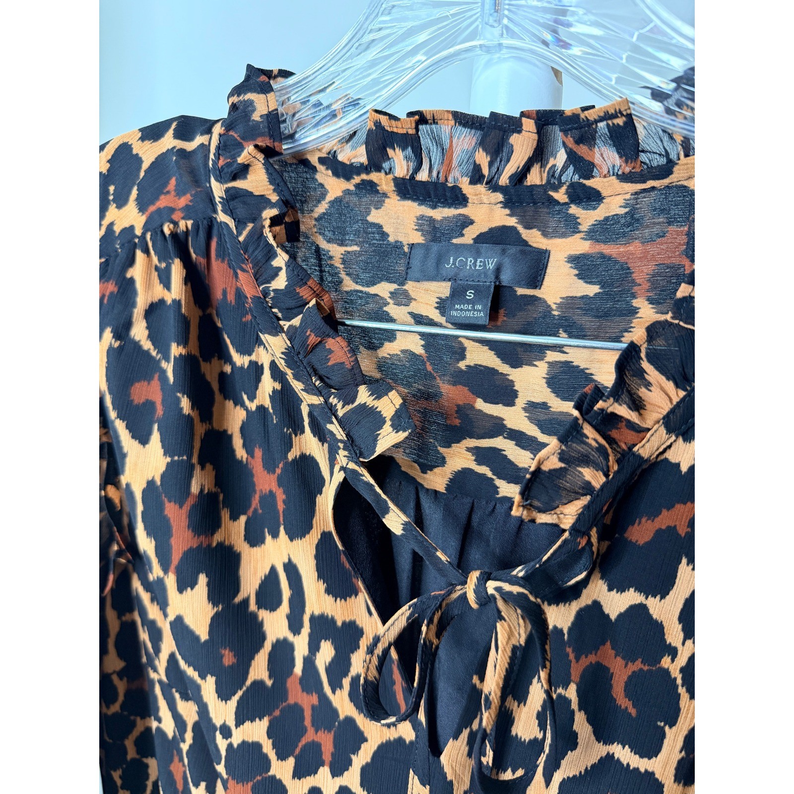 J.Crew Leopard Print Tiered Mini Dress Small Ruffle Tie Neck Long Sleeve Brown