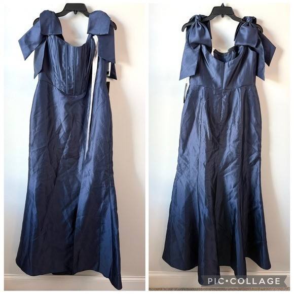 Alfred Sung D854 Bow Off The Shoulder Corset Gown Midnight Navy 12