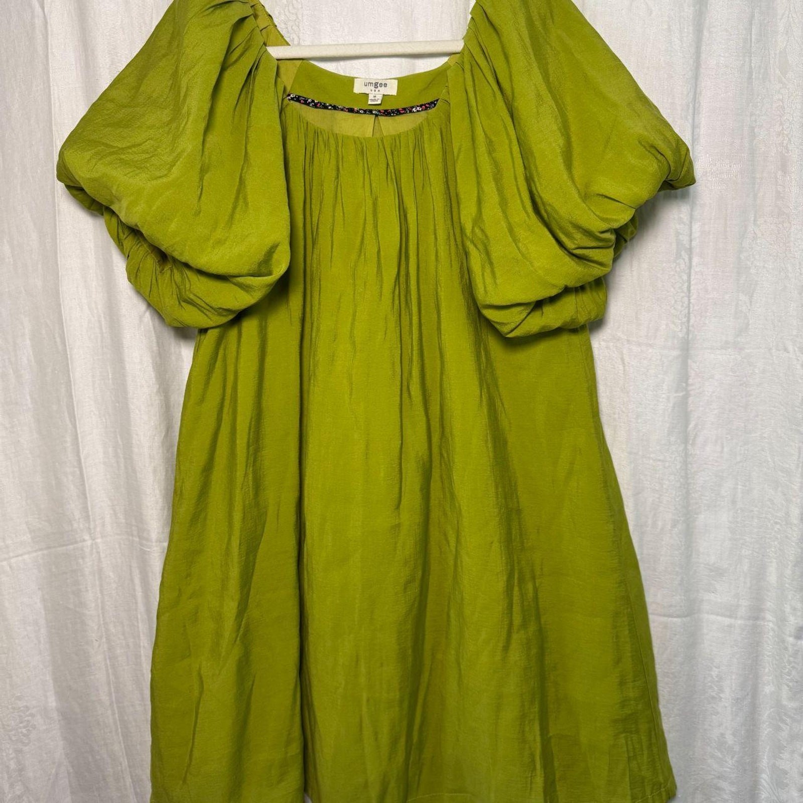 Umgee Floral Mini Dress A-Line Babydoll Puff Sleeve Green M