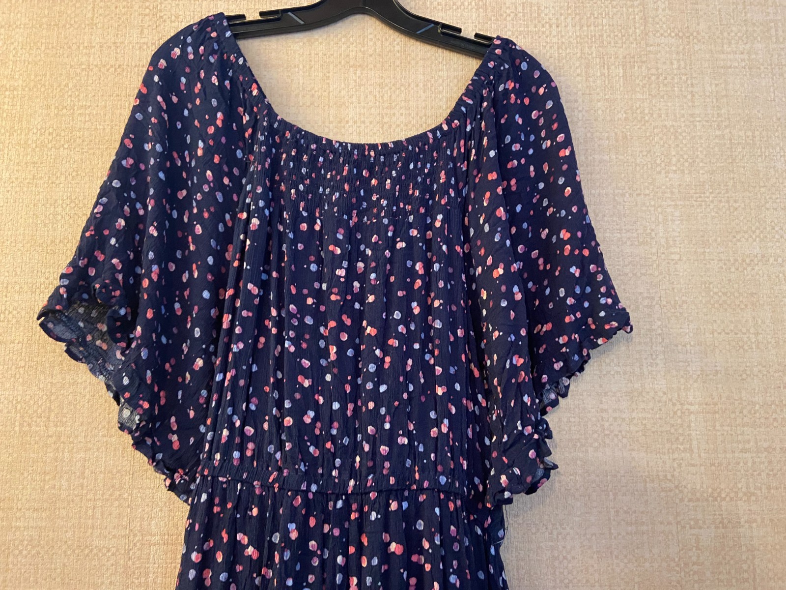 Studio B by Bobeau flutter sleeve maxi dress size L blue w/geometric dot print