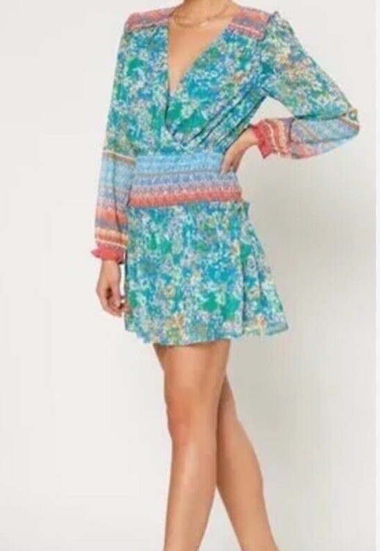 Current Air Anthropologie Boho Floral Mini Dress V Neck Tiered Hem Festival