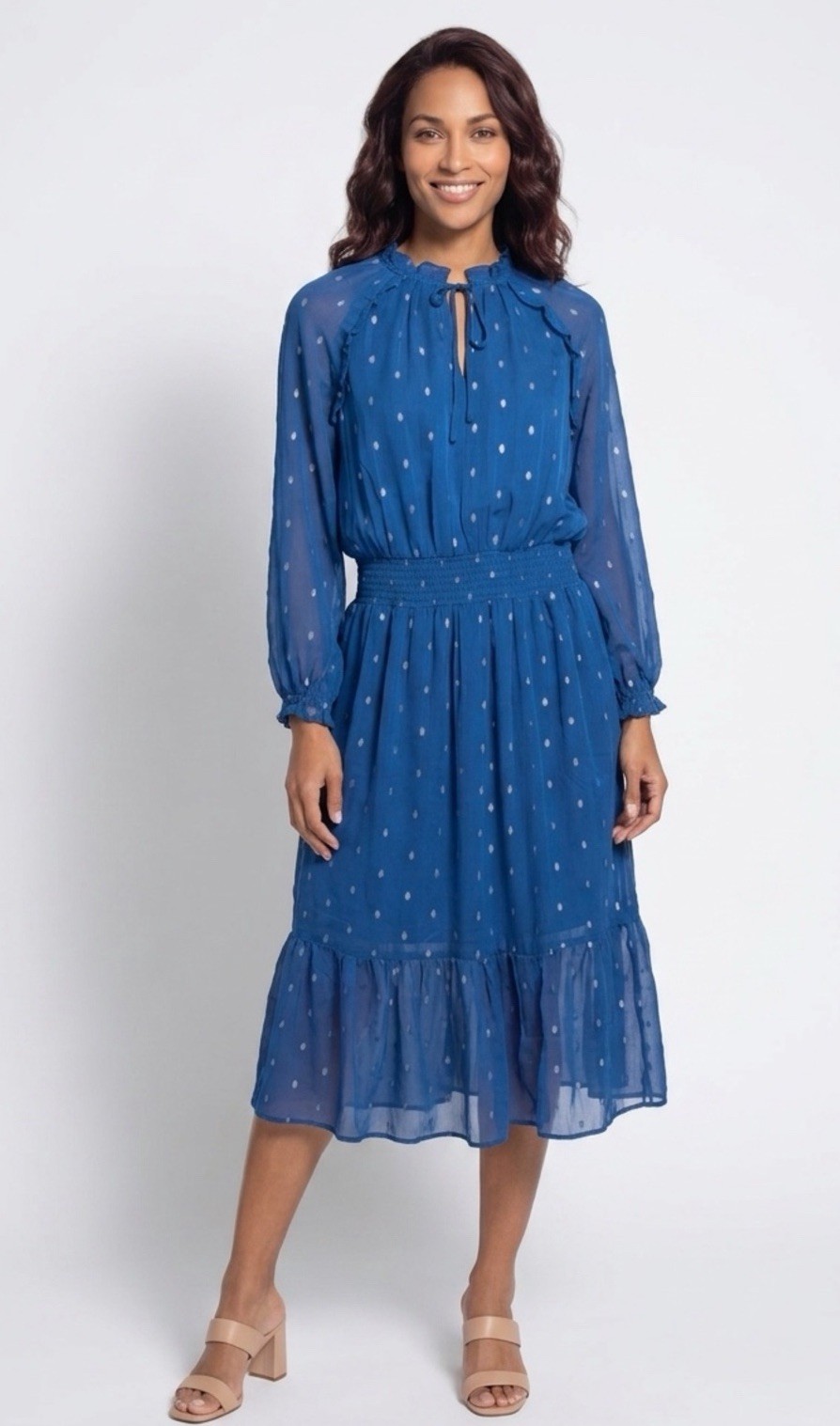NSR Polka Dot Sheer Flounce Cottage Midi Dress Sz M **1356