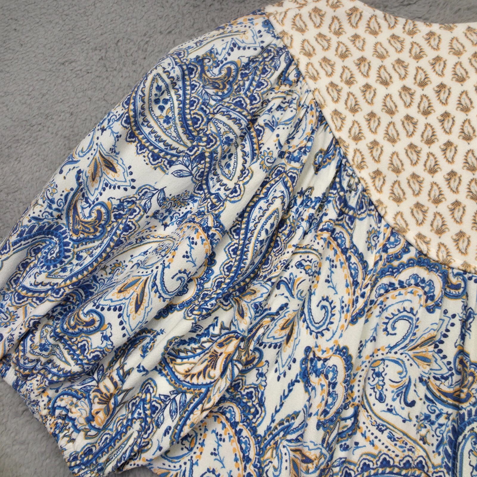 Lucky Brand Dress Womens M White Blue Puff Sleeve Paisley Flow Boho Tunic Short