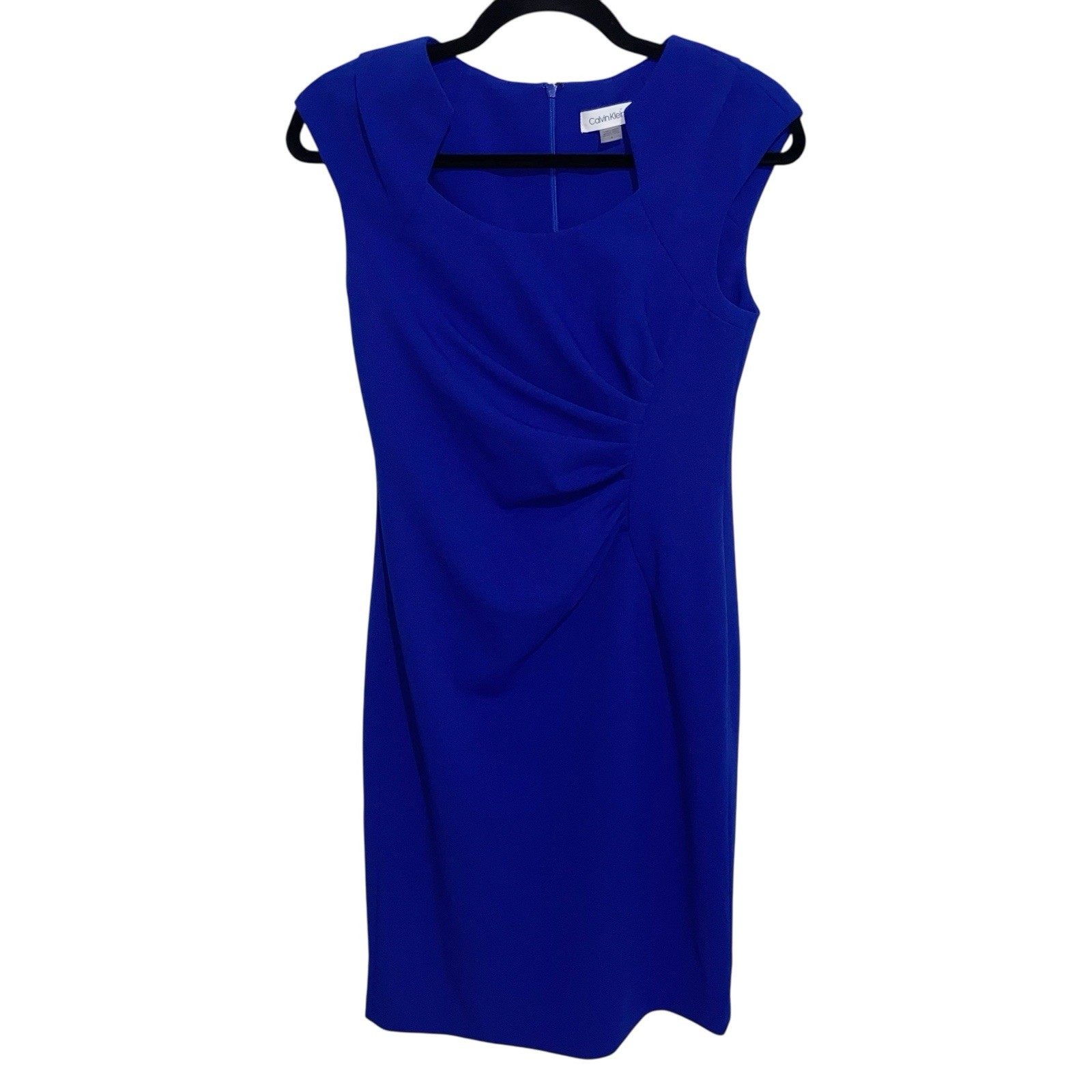 Calvin Klein Dress Womens Size 4 Royal Cobalt Blue Ruched Cap Sleeve Career