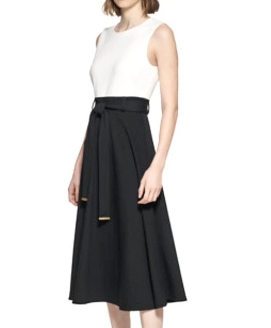 Calvin Klein NWT Black White Colorblock Midi Dress Tie Waist Size 10