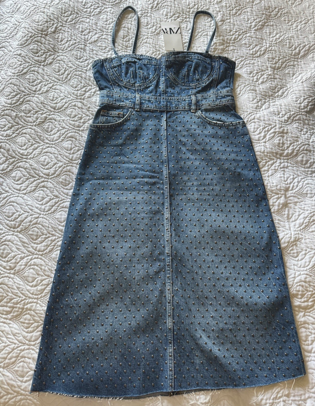 ZARA Blue Denim Studded Sheath Midi Dress Sweetheart Adjustable Straps S