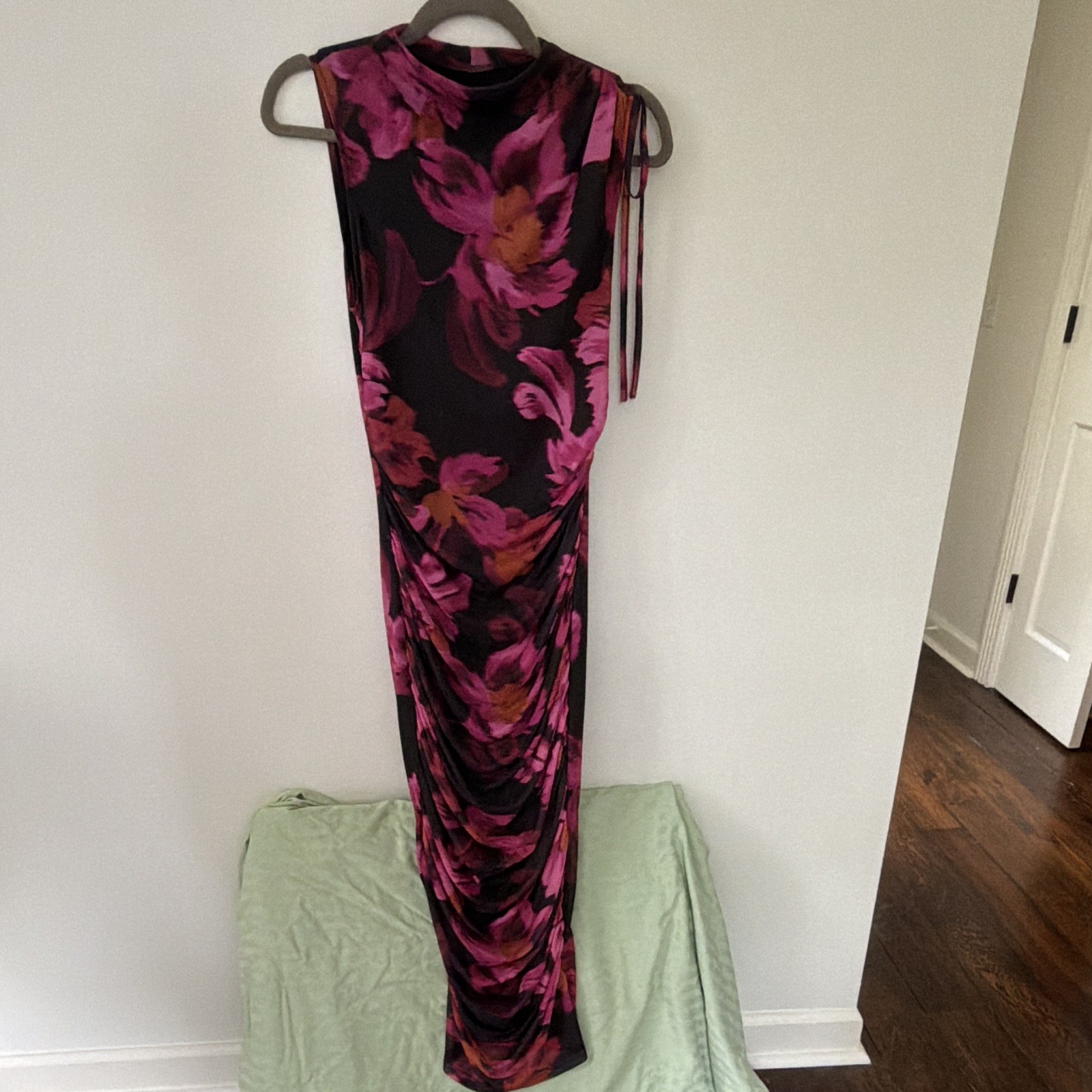 PrettyGarden Women’s S Black Pink Floral Ruched Mesh Crew Neck Maxi Dress