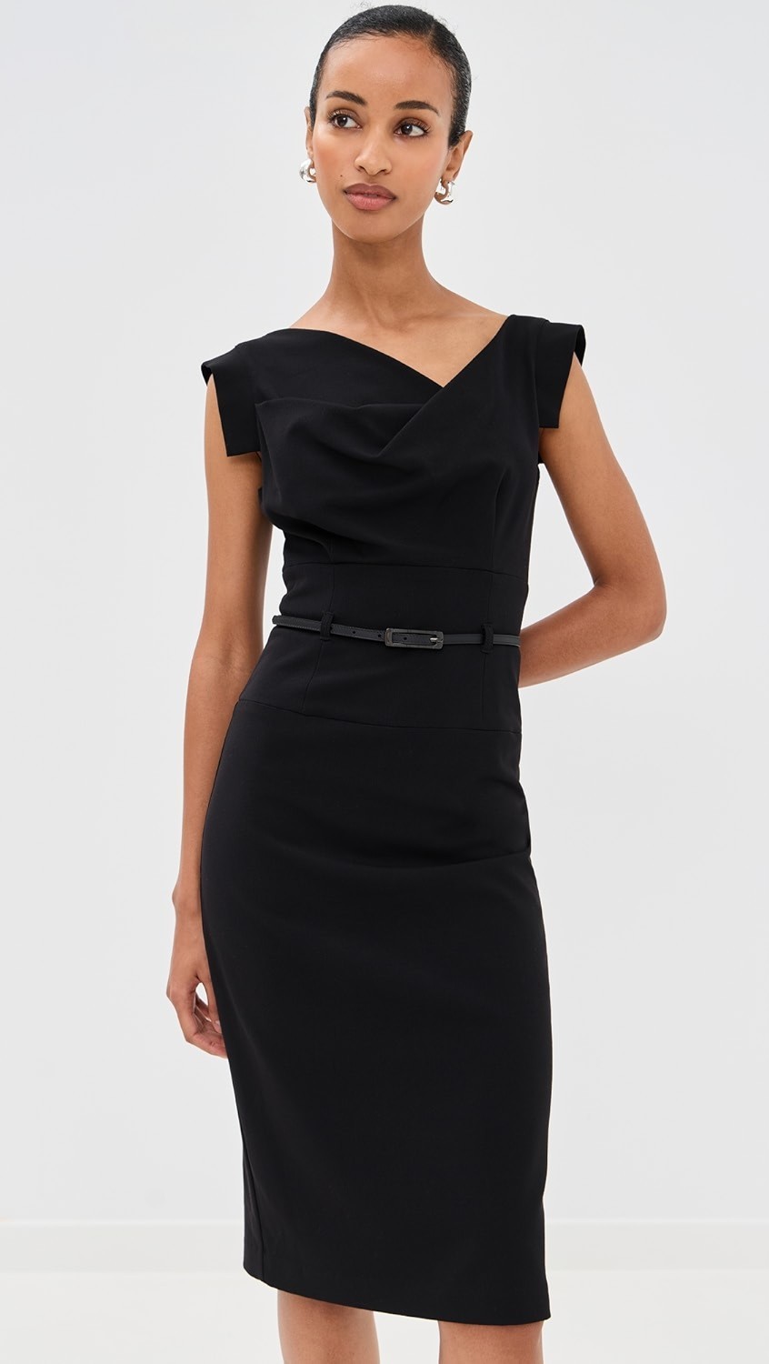 NWT Black Halo Jackie in Black Stretch Gabardine Belted Sheath Dress 8 $375