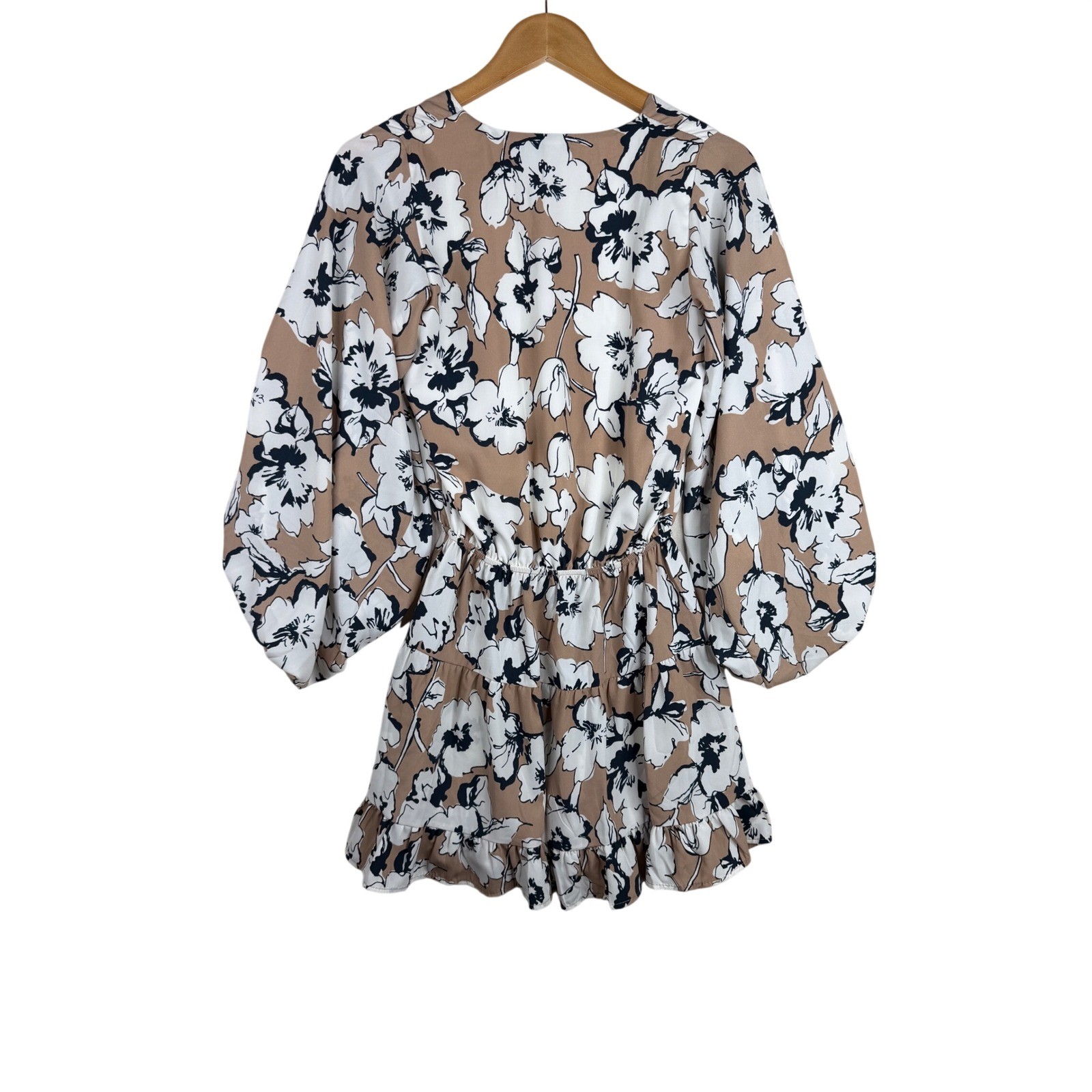 Vici Floral Print Tyche V-neck Balloon Sleeve Dress size Small Tan/White/Black