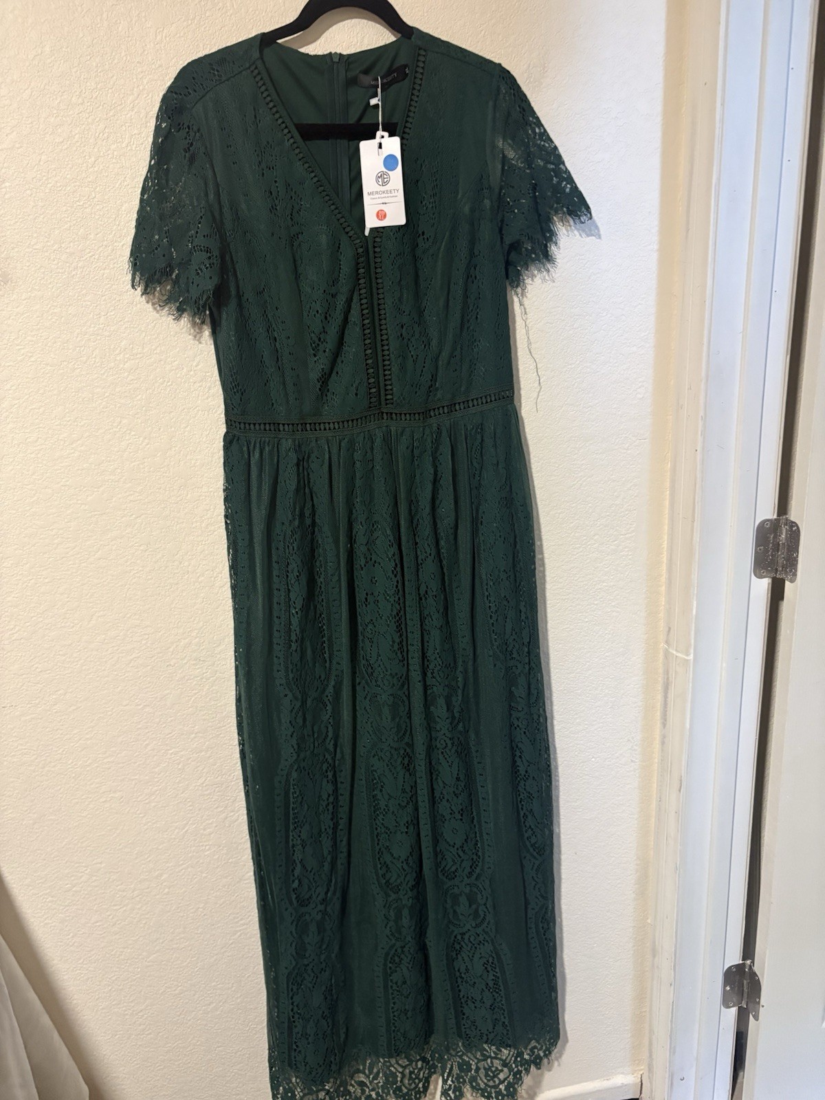 MEROKEETY Lace Maxi Dress Women’s XL Green Short Sleeve Evening Wedding Read