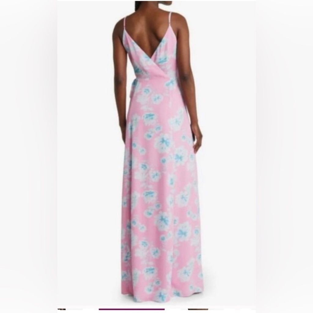 262. WAYF The Angelina Floral Wrap Gown Blue Pink Floral Print Small S