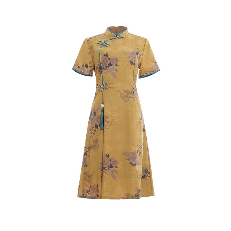 Lady Cheongsam Qipao Dress Knee Length Jacquard Floral Tassel Frog Button Ethnic