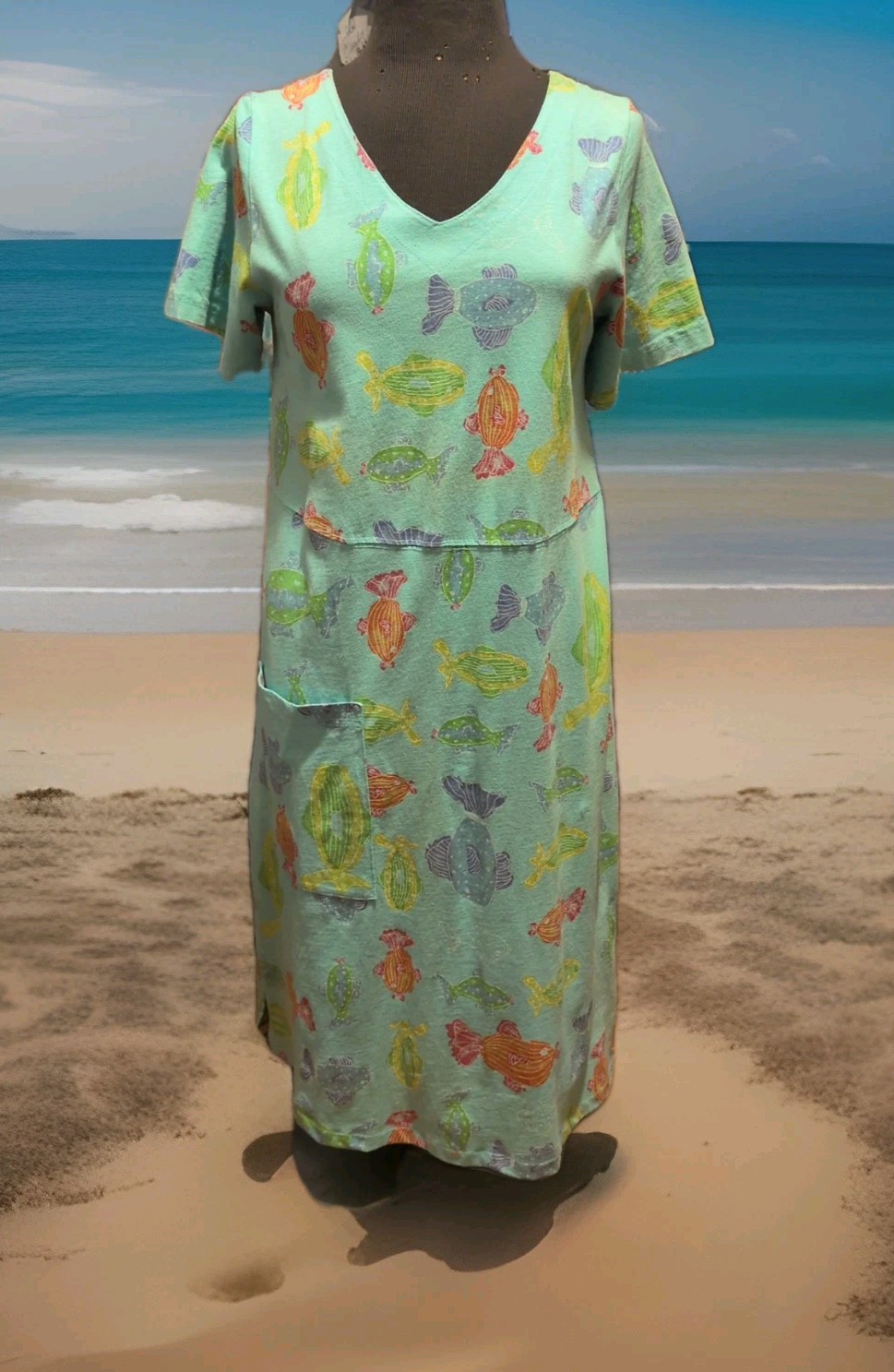 Fresh Produce Dress Size Small Cotton Short Sleeve Fish on Blue Made USA