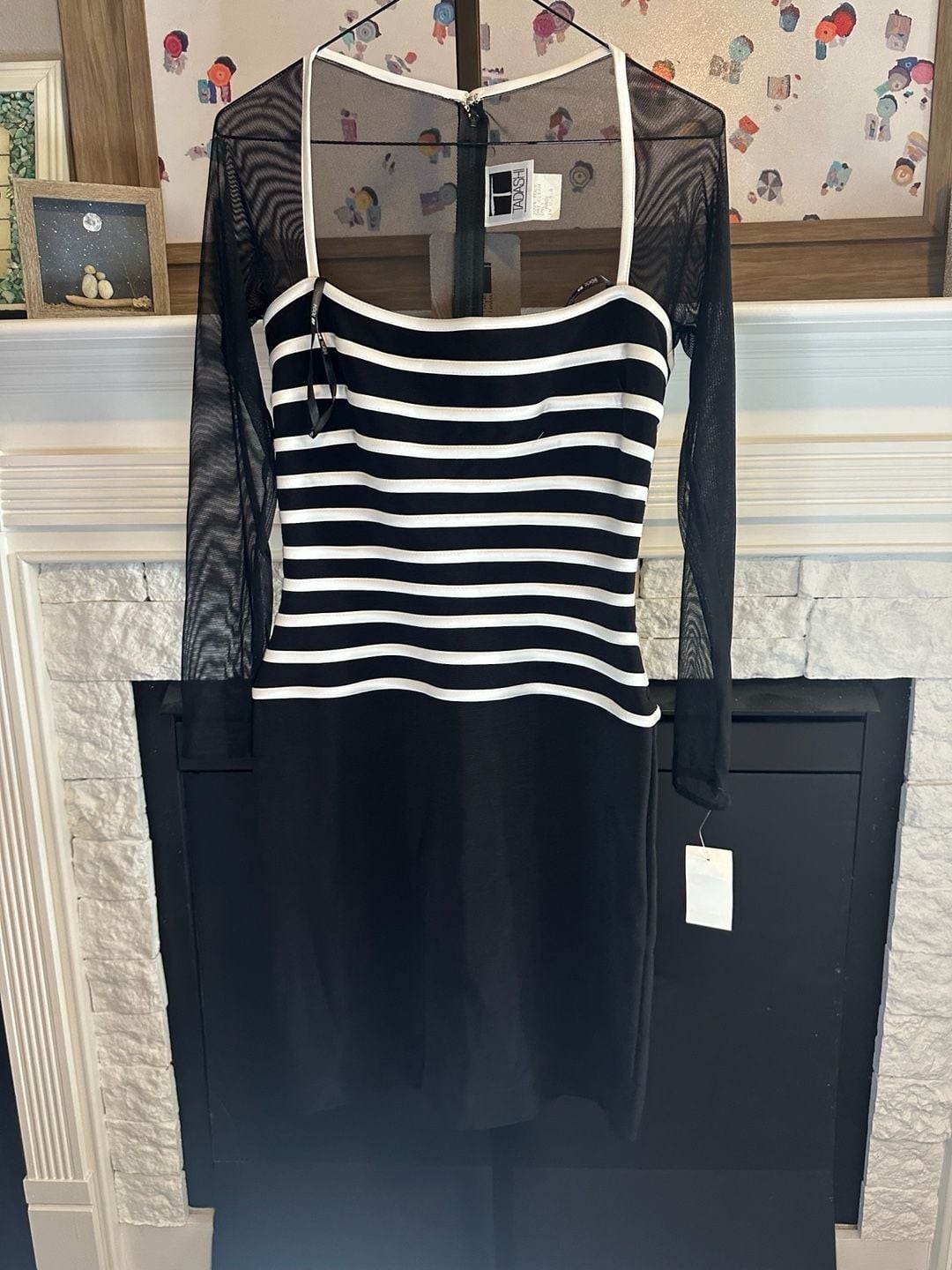 Vintage Tadashi Shoji Black &White Striped Long Sheer Sleeve Mini Dress