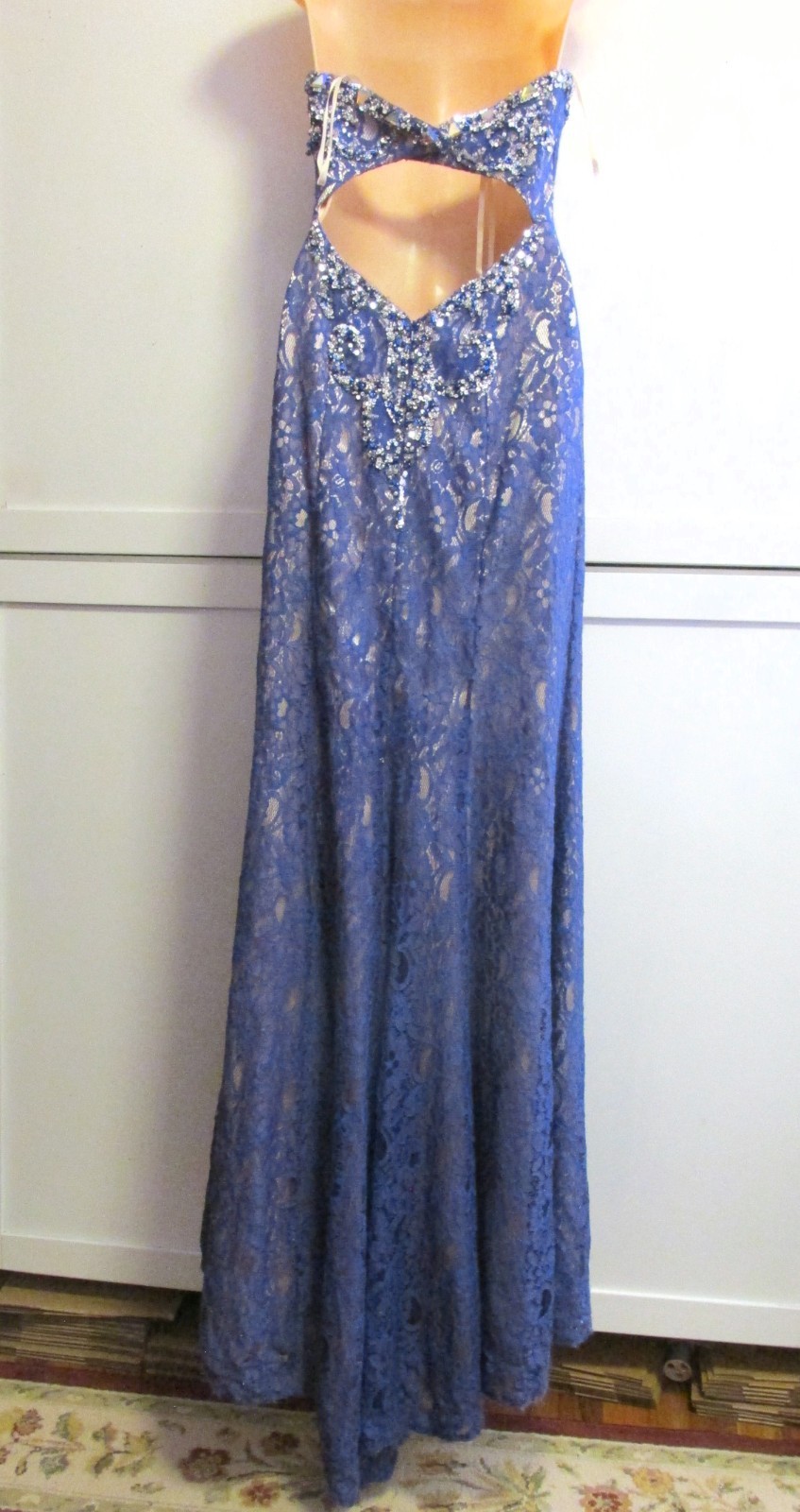 Mori Lee Strapless Blue Lace Gold Alloy Crystals & Lining Maxi Gown -Sequin- 5/6