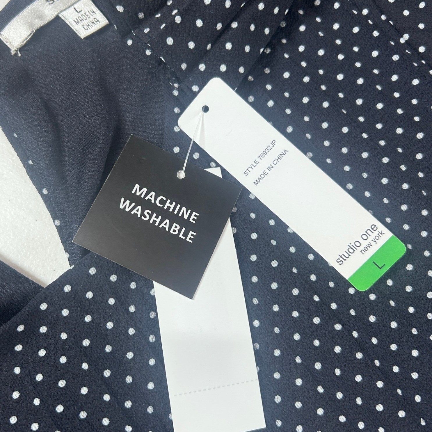 Studio One New York Polka Dot Dress Navy Blue LS Tie Neck Pleated Hem Large New