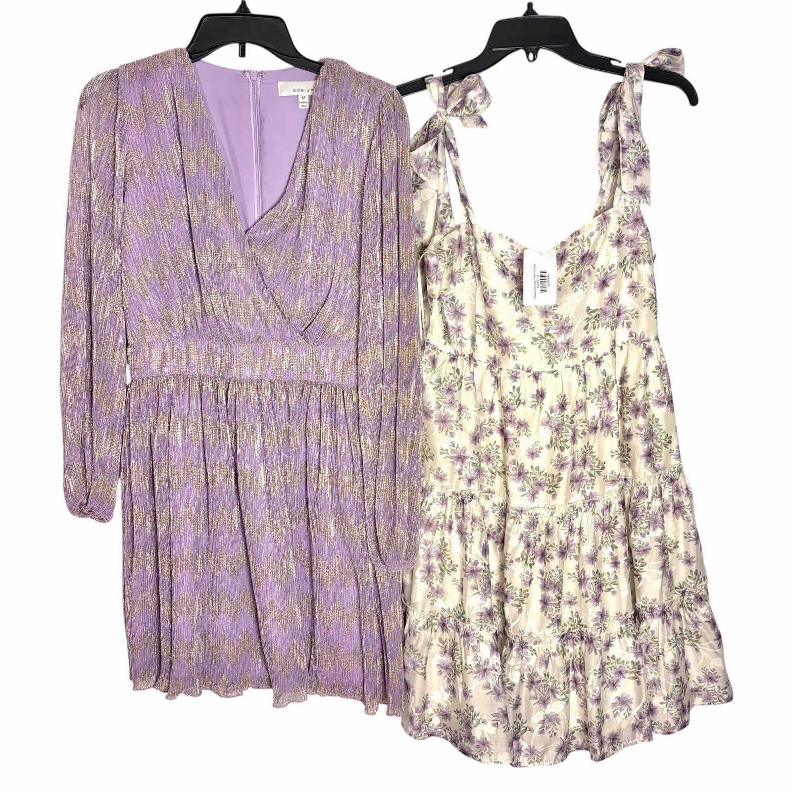 Lot x2 Dresses Adelyn Rae Lori Pleated & TCEC Shoulder Tie Tiered Purple Size M
