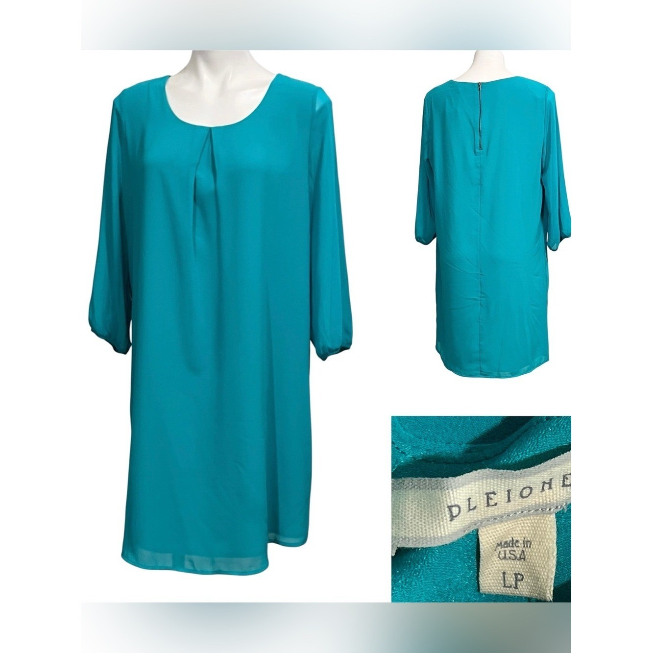 Pleione shift dress L Teal Long-Sleeve Scoop Neck knee length office fall church