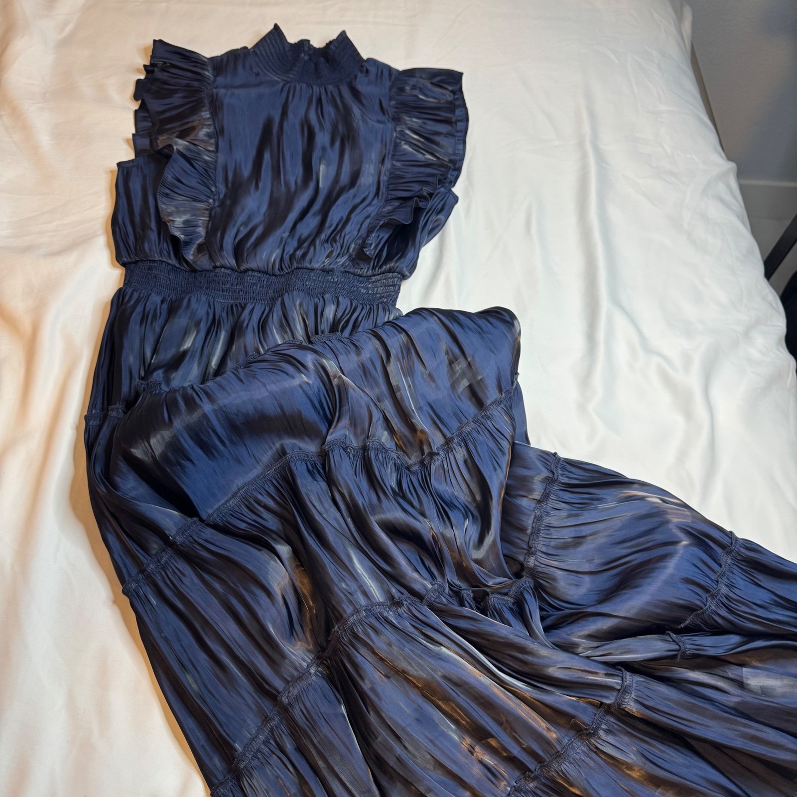 Lulus Navy Blue Satin Ruffle Tiered Maxi Dress Smocked Waist High Neck Small