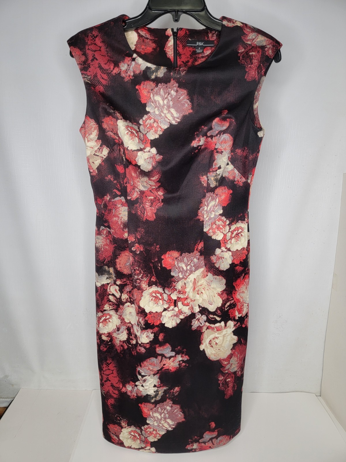 R&K Dress Women’s Size 4 Floral Sheath Sleeveless Knee Length Black Multicolor