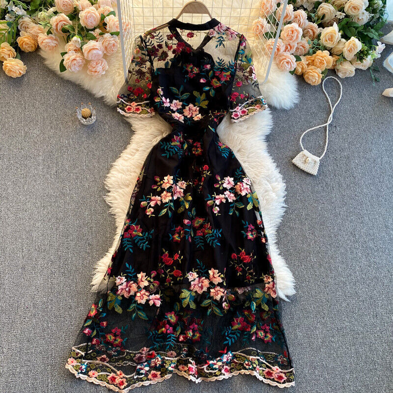 Lady Floral Dress Mesh Short Sleeve Midi See Embroidery Through Lace Black Retro