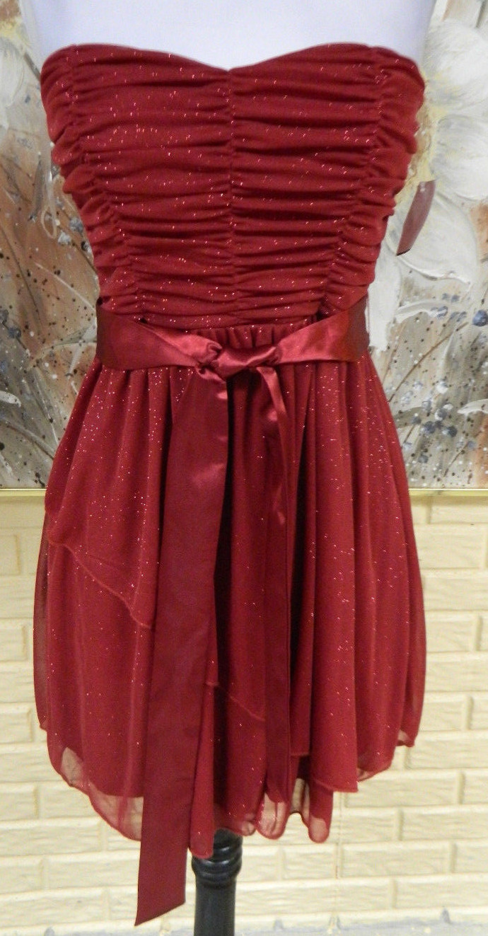 NWT ELEGANT TRIXXI STRAPLESS CRIMSON SPARKLES DRESS SZ 5 WITH RIBBON TIE BELT.