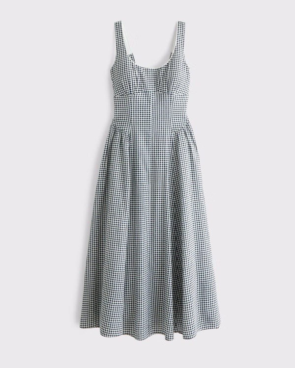 Linen-Blend A&F Bra-Free Dylan Midi Dress Navy/White Size Medium