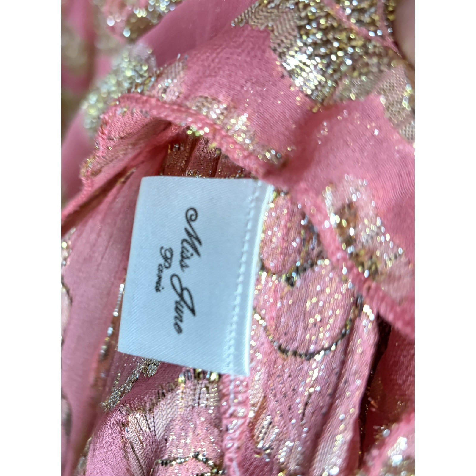 Miss June Paris Pink Gold Metallic Floral Tiered Mini Dress Boho Glam