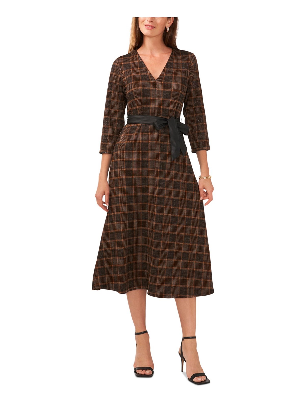 MSK PETITES Womens Brown Tie Pull-on Plaid 3/4 Sleeve Midi Dress Petites LP