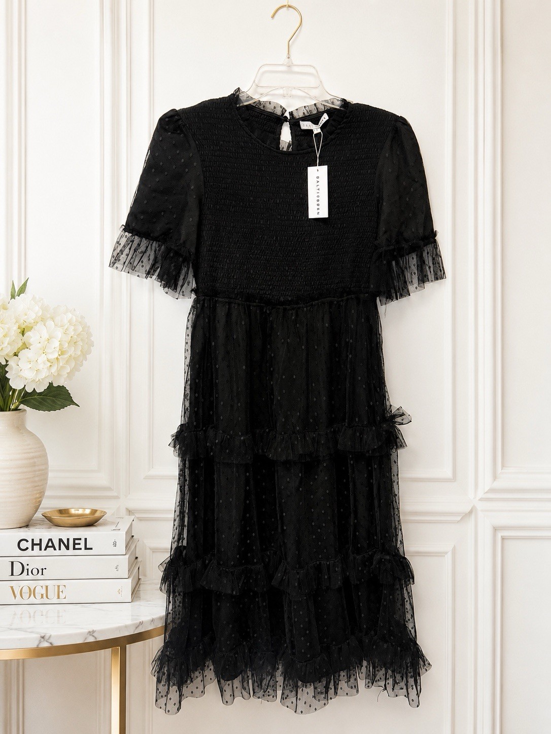 Baltic Born Black Swiss Dot Smocked Midi Dress NWT Size L Romantic Cottagecore