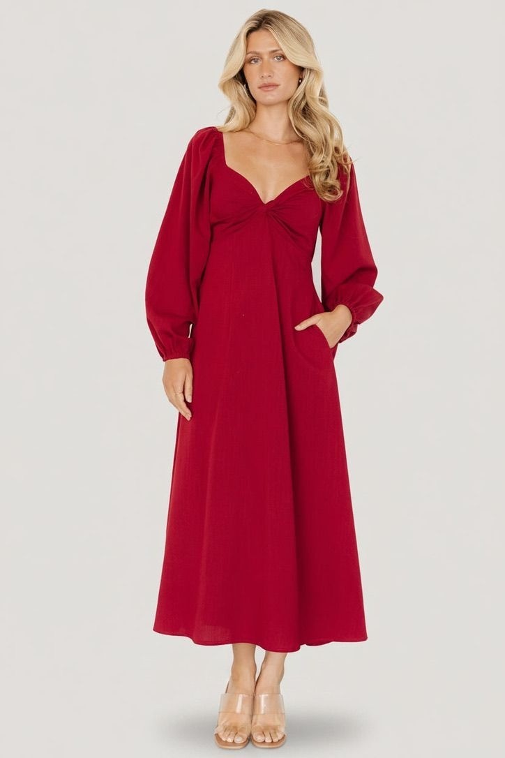 BalticBorn medium red Rosalie back tie midi maxi dress boho long sleeve wedding