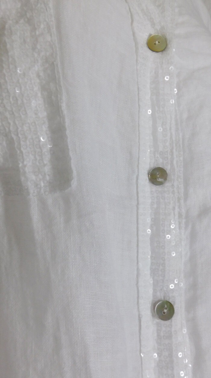 TEMPO PARIS Linen Gauze Shirt Dress Sequin Rounded Hem Pockets White M/L NWT