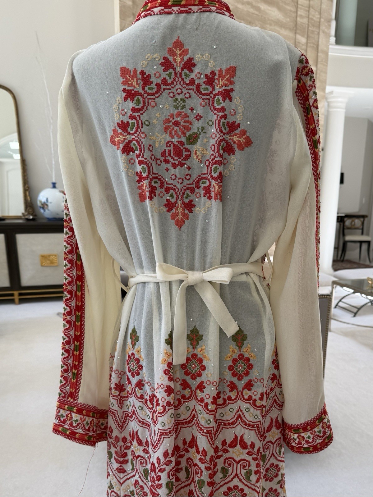 White Red Green Bohemian Maxi Dress One Size Tie Neck Belted Embroidered