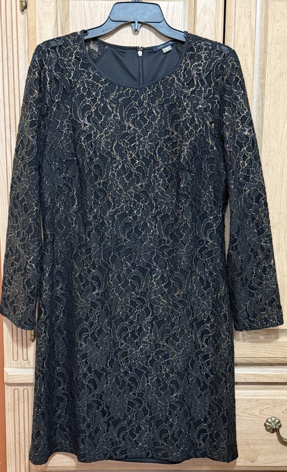 Tommy Hilfiger Black Gold Metallic Lace A-Line Dress Women’s Size 12 Long Sleeve
