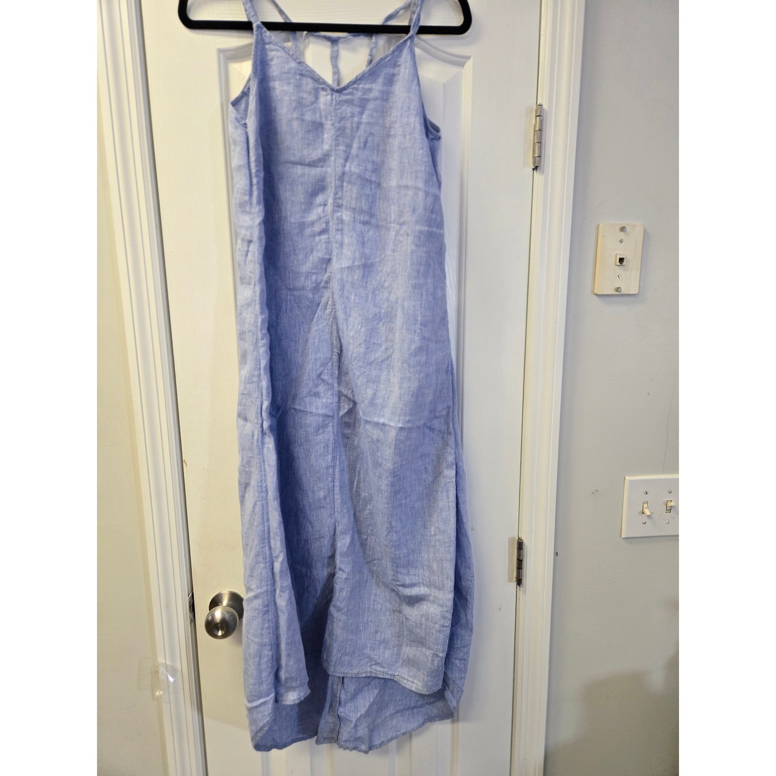 Antibes Blanc Light Blue 100% Linen Caged Back Maxi Dress XS Sleeveless Coastal