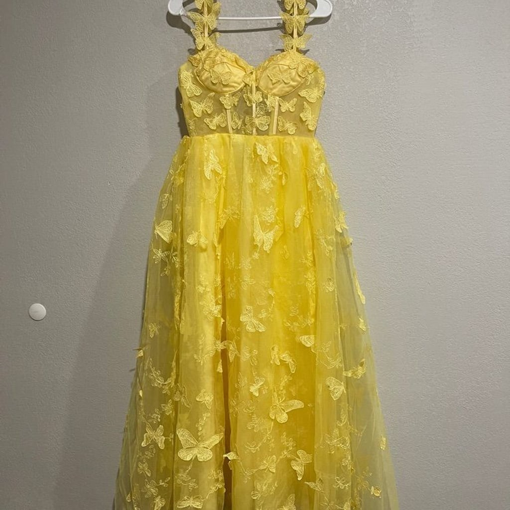 Teuta Matoshi Style Yellow Butterfly Tulle Corset Gown