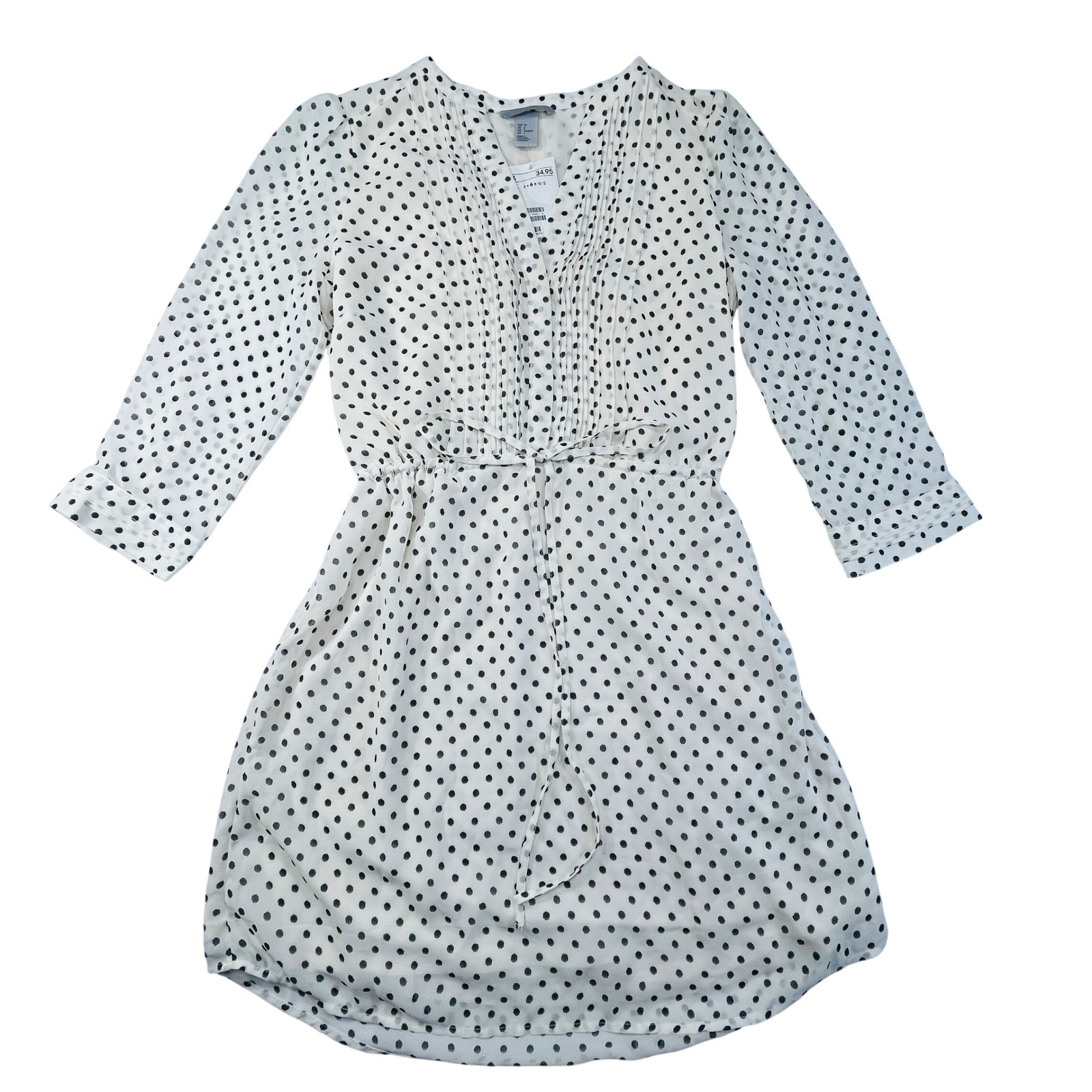 NWT H&M Polka Dot Dress Womens 6 Cream Black V Neck 3/4 Sleeve Lightweight Midi