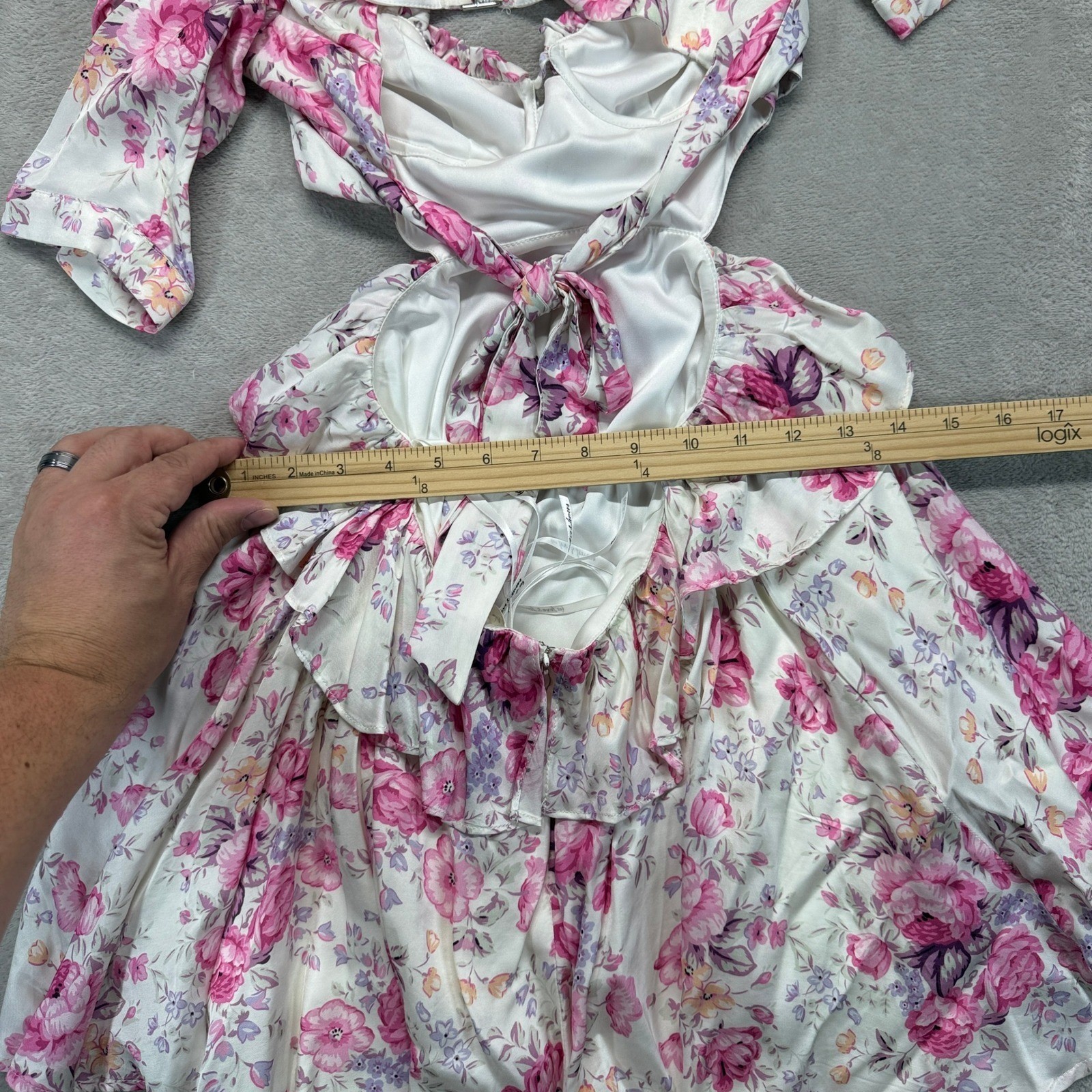 For Love & Lemons Dress Women’s XS Lucia Mini White Pink Floral Puff Sleeve Open