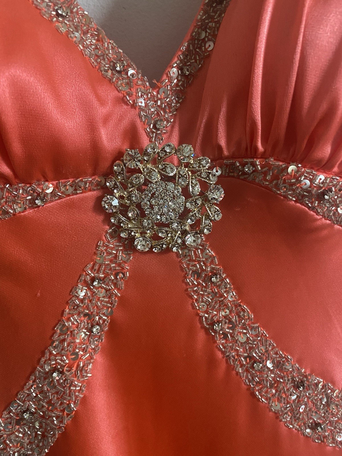 Cassandra Stone Coral Beaded Sequin Halter Gown Dress Satin Maxi Size 4