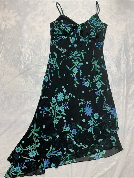 Vintage Y2K Made In USA Asymmetrical Hem Babydoll Floral Slip Midi Dress Size 8