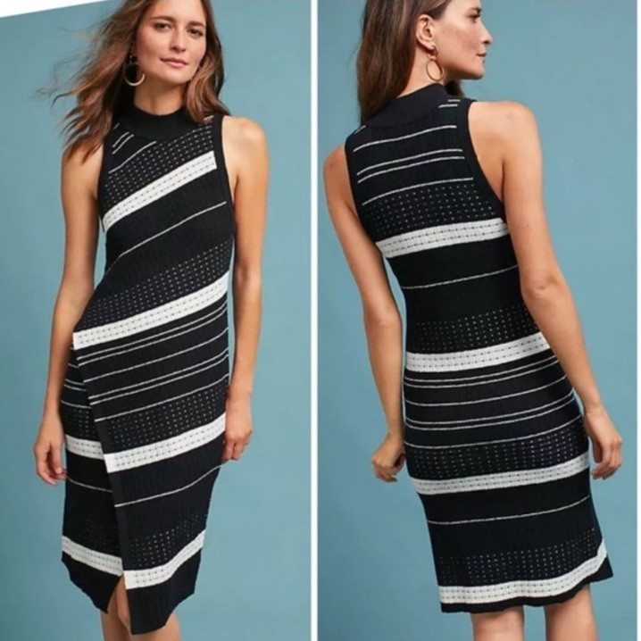 Moth Anthropologie Velda Sweater Dress Asymmetric Wrap Stripe Black White Small