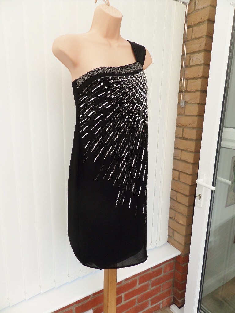 MONSOON GATSBY BLACK SILK CHIFFON 1-SHOULDER SEQUIN 20’S DRESS 12 £160 BNWT