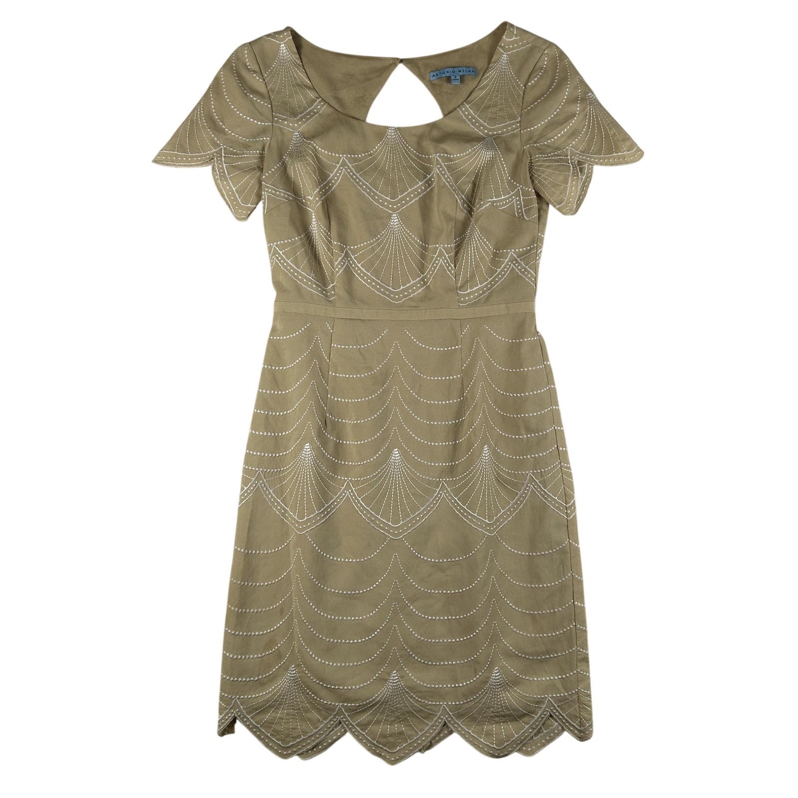 Antonio Melani Dress Womens 2 Keaton Sheath Knee Length Scoop Neck Embroidered