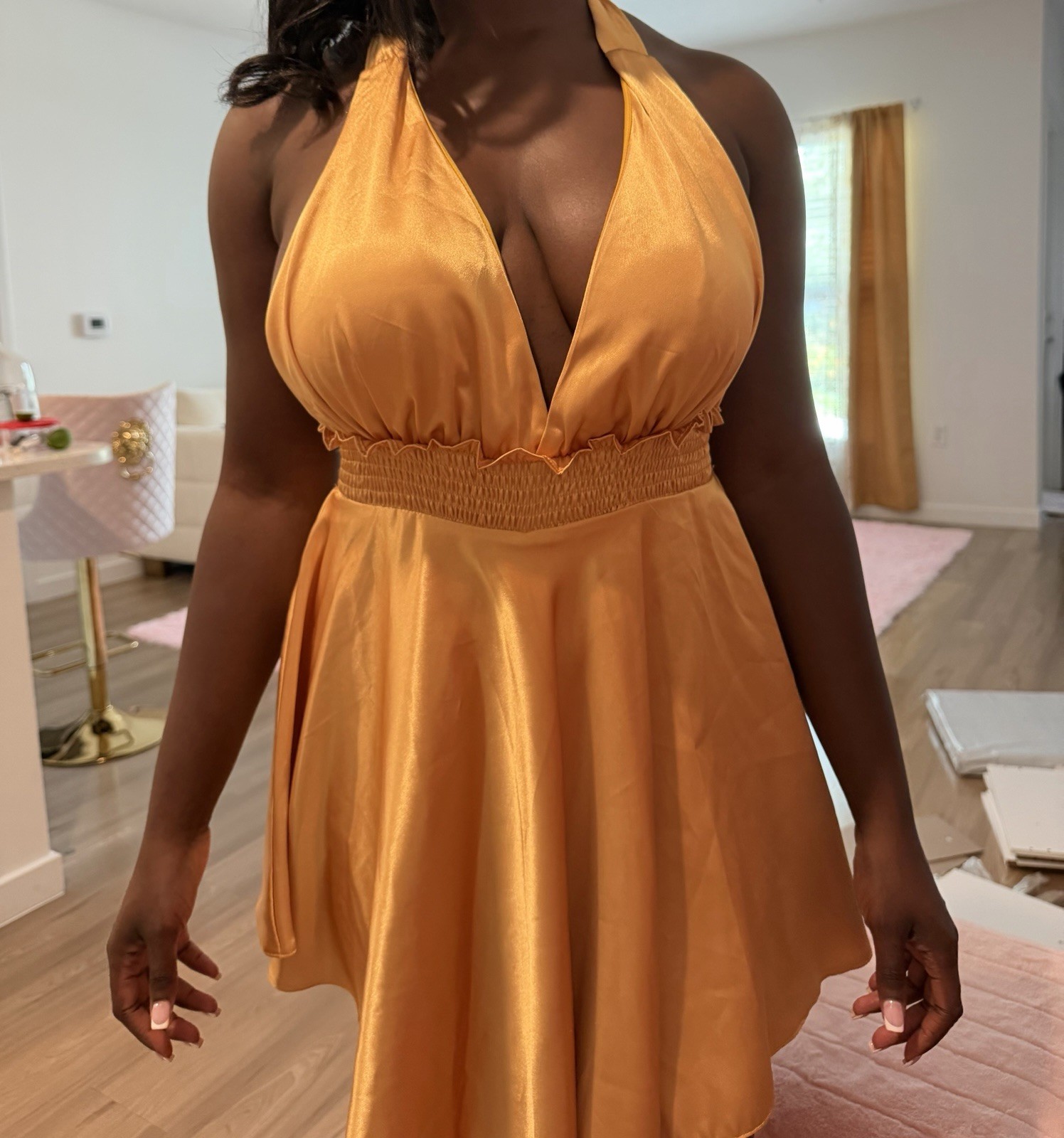 Gold Solid Satin A-Line Short Dress Halter Neck Sleeveless Backless Tie Size M/L
